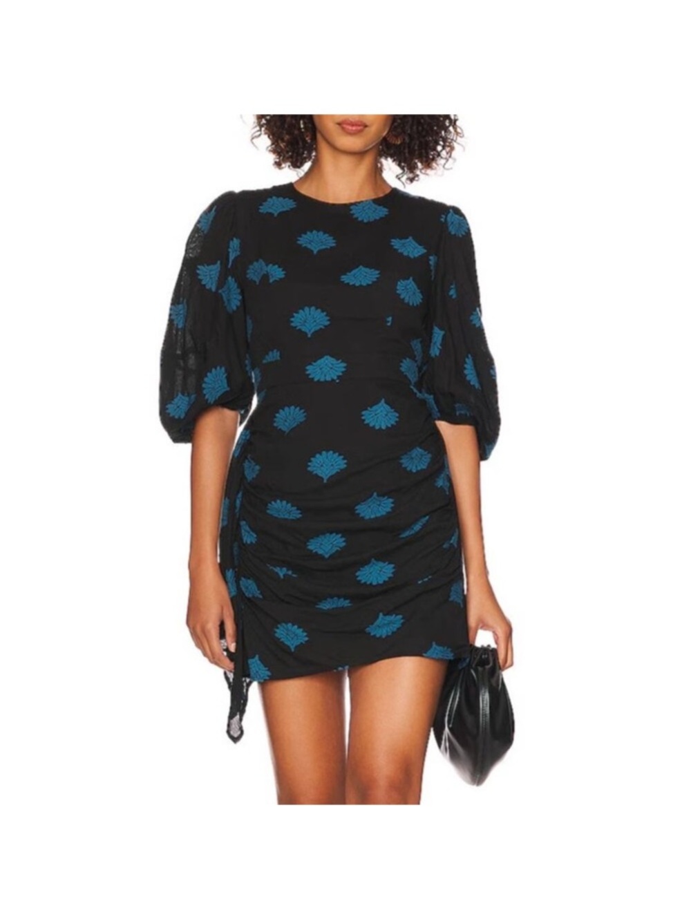 Rhode Pia Mini Dress in‎ Black Blue Fan Clip Jacquard Puff Sleeves Size 0
